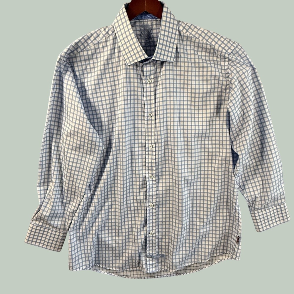 English Laundry Mens 17.5 34/35 Blue White Check Dress Shirt 100% Cotton